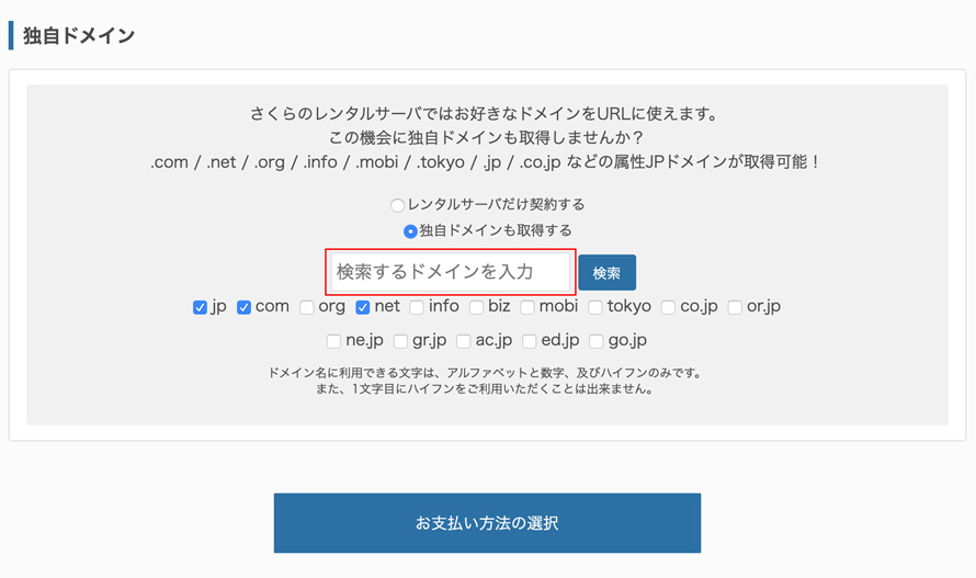 さくらインターネット。独自ドメインの決定。